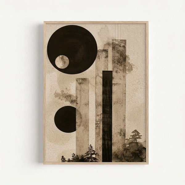 Framed abstract art print with beige textured background featuring geometric shapes including large black circle with small cream circle inside, partial black semicircle, vertical black rectangle, and silhouettes of evergreen trees at bottom. Artwork has aged, weathered appearance with brown staining effects throughout. Light wood frame against white wall.