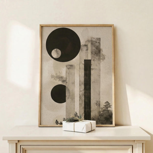 May include: Framed abstract art print in natural wood frame featuring dark green circles, geometric rectangles in muted tones, and silhouetted pine trees against textured beige background. Print displayed on light wooden surface alongside small wrapped gift box with twine and greenery sprig against cream colored wall.