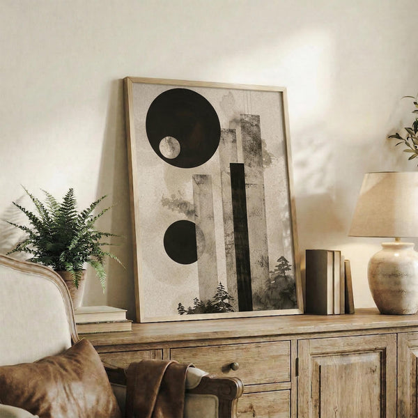 May include: Framed abstract art print featuring large black circles and geometric shapes with textured gray background and silhouetted trees, displayed on rustic wooden sideboard alongside fern plant, books, and ceramic vase in neutral-toned living room setting with beige chair