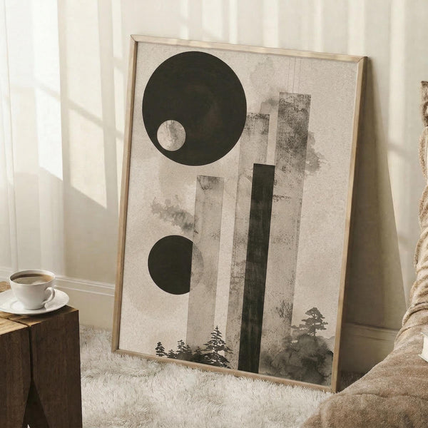 May include: Framed abstract art print leaning against white wall in bright room with natural light. Artwork features dark green circles, geometric rectangles, and silhouetted trees on cream background with textured, weathered appearance. Light wood frame, displayed on white textured rug next to wooden side table with coffee cup and cozy beige blanket.