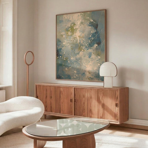 May include: Abstract expressionist artwork with blue, green, and cream splashes and splatters in thin wood frame, displayed above wooden sideboard with brass handles. Modern white mushroom table lamp and copper floor mirror nearby. White textured chair and glass-top oval coffee table complete the mid-century modern living room scene with cream walls and natural lighting.