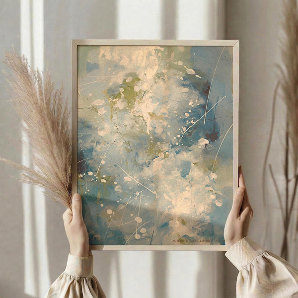 May include: Person in beige sweater holding framed abstract art print with splattered blue, green, cream and white paint effects. Dried wheat stalks visible on left side. Soft natural lighting against neutral curtained background. Light wood frame surrounds the expressionist-style artwork with scattered dots and linear elements throughout.