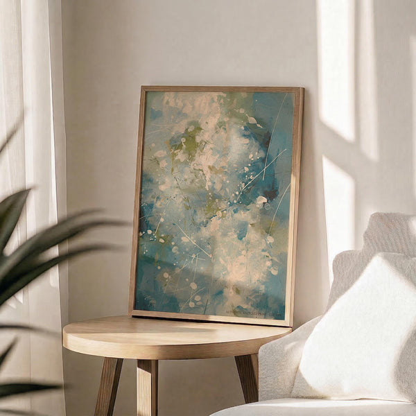 May include: Abstract expressionist artwork in wooden frame displaying blue, green, and cream paint splatters with white dots and linear elements, positioned on round wooden side table next to beige upholstered chair with plant leaves visible in soft natural lighting
