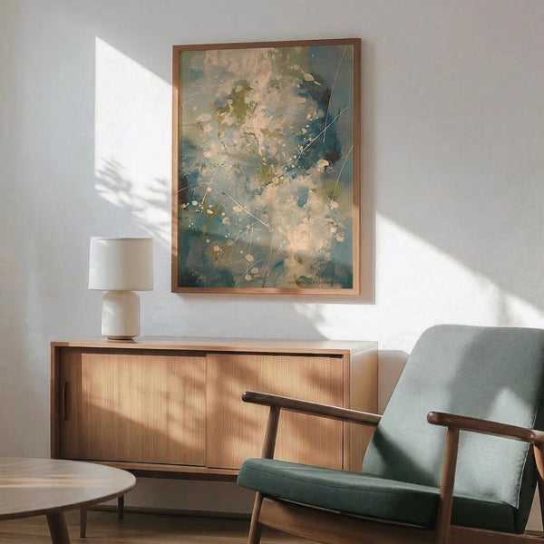 May include: Abstract expressionist artwork in wooden frame hanging above mid-century modern credenza with white table lamp. Features splattered paint in blue, green, beige and white tones with organic flowing forms. Modern living room setting with sage green upholstered chair, round coffee table, and natural sunlight casting shadows on white wall.