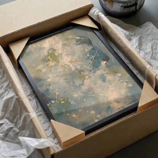 Framed abstract expressionist artwork being unpacked from cardboard shipping box with protective wrapping. The piece features soft watercolor-style splatters and brushstrokes in muted blues, greens, and cream tones with delicate line work overlaid throughout. Black frame sits nestled in brown cardboard packaging with white tissue paper and protective corner guards visible around the edges.