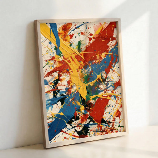 Abstract expressionist artwork with vibrant paint splatters and energetic brushstrokes in yellow, red, blue, green, and black against a cream background. The composition features dynamic drips, splashes, and gestural marks creating movement across the canvas. Displayed in a natural wood frame leaning against a white wall, showing the textured paint application and spontaneous painting technique characteristic of action painting style.