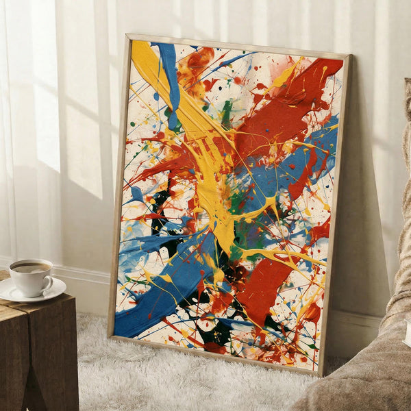 May include: Large framed abstract expressionist artwork with vibrant paint splatters and drips in yellow, blue, red, and orange against cream background, leaning against white wall beside wooden side table with white coffee cup and saucer, positioned on textured area rug next to beige upholstered furniture in bright room with natural lighting creating soft shadows.