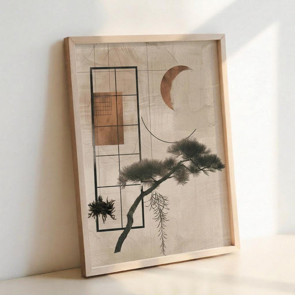 May include: Framed wall art featuring abstract geometric design with pine tree illustration, crescent moon, and grid patterns in neutral tones of beige, brown, and green. Natural wood frame displayed on white wall with soft lighting creating shadows.