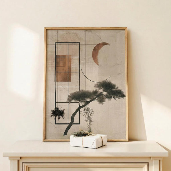 May include: Framed abstract art print featuring geometric shapes, pine tree silhouette, and crescent moon in earth tones of brown and beige on textured background. Natural wood frame displayed on light wooden furniture beside white wrapped gift with greenery. Soft natural lighting creates shadows on cream wall.