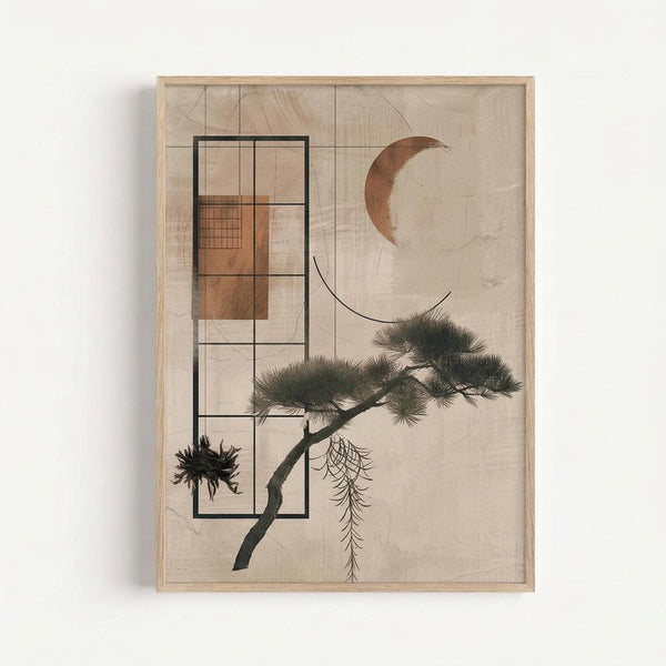 Framed abstract artwork featuring geometric black rectangles overlaying a stylized pine tree branch with needle clusters and drooping elements, alongside a copper crescent moon shape on a textured beige background with faint grid lines