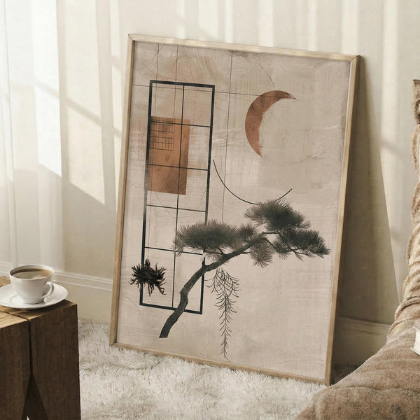 May include: Framed abstract artwork leaning against white wall in sunlit room, featuring beige background with geometric grid, crescent moon, stylized pine tree, and brown rectangular shapes. Natural wood frame, displayed near coffee cup on wooden stool and beige textiles on white fluffy rug.