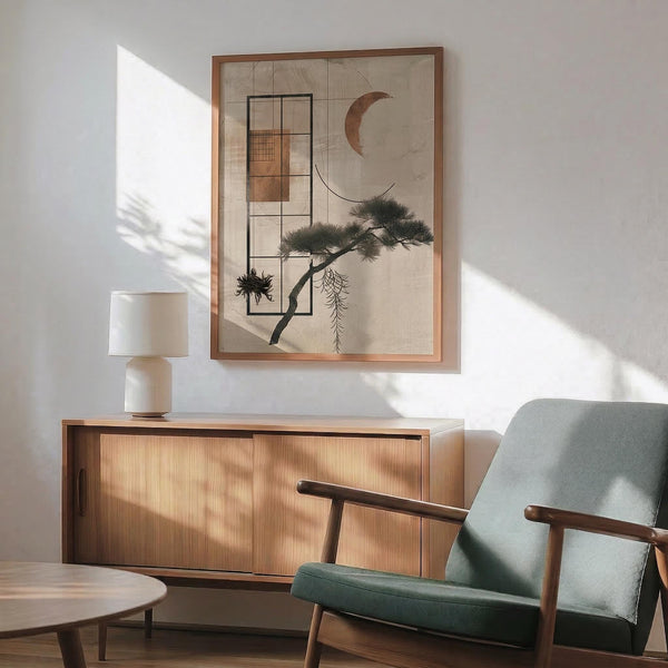 May include: Framed abstract art print featuring geometric shapes, crescent moon, and stylized pine tree in earth tones displayed above wooden sideboard with ceramic table lamp. Mid-century modern green upholstered chair with wooden arms sits nearby. Warm sunlight creates shadows across white wall in contemporary living room setting.