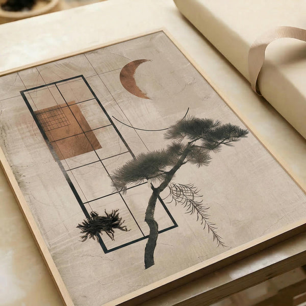 An abstract art print featuring a geometric pine tree with dark green foliage and brown trunk, overlaid with black rectangular line frames and a copper crescent moon. The artwork has an aged, textured beige background with subtle grid lines. The print is displayed on a light wooden surface alongside rolled paper tubes, showing the artwork's flat presentation without framing.
