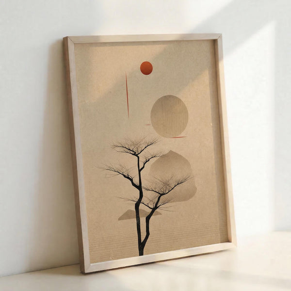 May include: Framed minimalist art print leaning against white wall showing abstract desert landscape with bare branching tree silhouette, rust orange sun, pale beige circular moon shape, and soft neutral tones on textured beige background in light wood frame