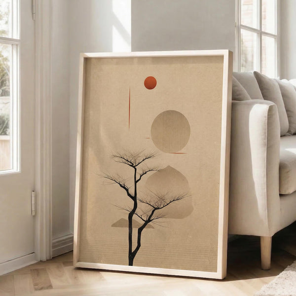 May include: Framed minimalist art print leaning against white wall beside beige sofa in bright living room. Artwork features black bare tree silhouette against warm beige background with geometric shapes - small red circle, larger tan circle, and curved tan forms. Natural light streams through windows onto light wooden floors.