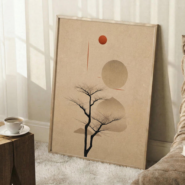 May include: Framed minimalist artwork featuring a bare black tree silhouette against beige textured background with rust-colored sun, large tan circle, and subtle geometric lines. Light wood frame leaning against white wall near white coffee cup on wooden block and cream textured throw blanket.