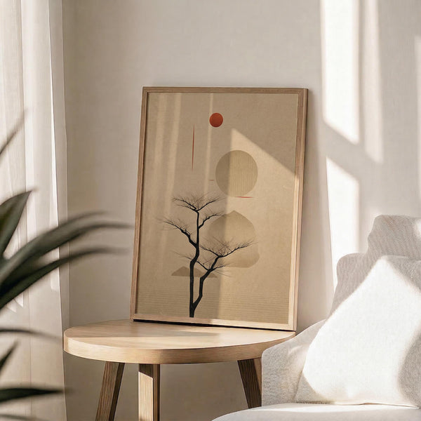 May include: Framed abstract minimalist artwork displayed on a round wooden side table beside a beige upholstered chair. The poster features a silhouetted bare tree against neutral beige tones with geometric shapes including circles and a small red sun element. Natural sunlight streams through white curtains creating soft shadows on the wall. A plant leaf is partially visible in the corner, adding to the serene modern interior setting.