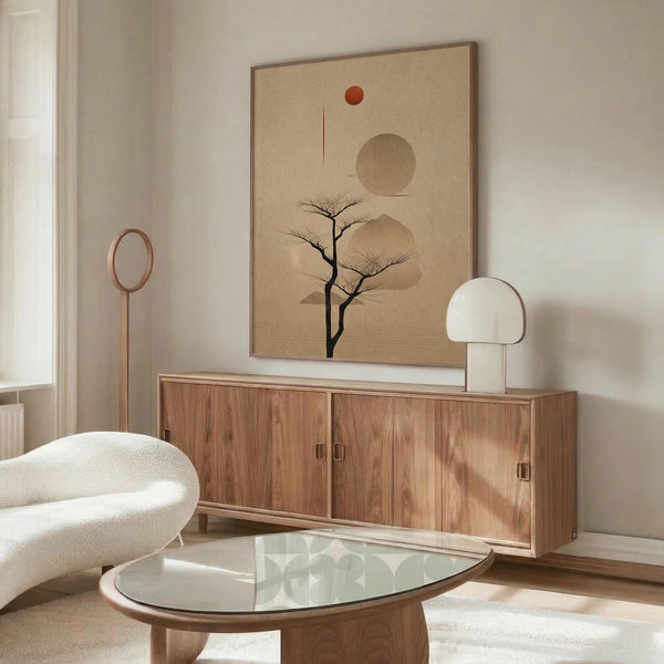 May include: Abstract minimalist poster with bare tree silhouette against beige background, featuring geometric circles and red accent dot, displayed above wooden sideboard in modern living room with white curved chair, glass oval coffee table, and mushroom table lamp