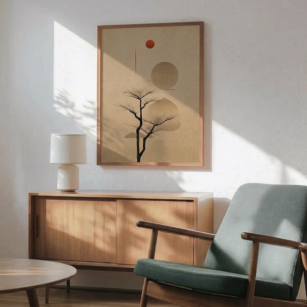 May include: Framed minimalist art print featuring bare tree silhouette against beige background with red sun and geometric circles, displayed above wood sideboard with white ceramic lamp, next to sage green mid-century armchair in sunlit room with white walls