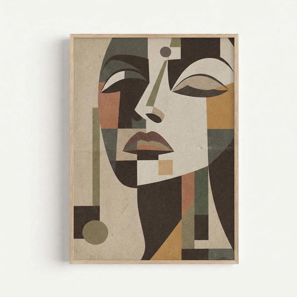 Framed abstract geometric portrait of a woman in Art Deco style, featuring angular facial features rendered in muted earth tones of beige, brown, olive green, and coral orange. The stylized face is composed of overlapping geometric shapes and curved lines, with defined eyes, nose, and lips created through color blocking and shadows. Displayed in a light wood frame against a white wall.