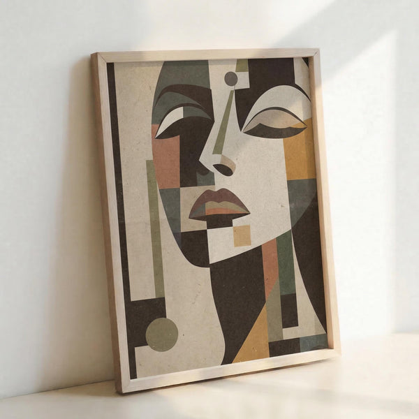 Framed abstract portrait artwork in Art Deco style featuring a stylized woman's face composed of geometric shapes in muted tones of brown, green, orange, and cream. The angular, cubist-inspired design shows fragmented facial features with bold lines and overlapping forms. The print is displayed in a light wooden frame, leaning against a white wall on what appears to be a light surface.