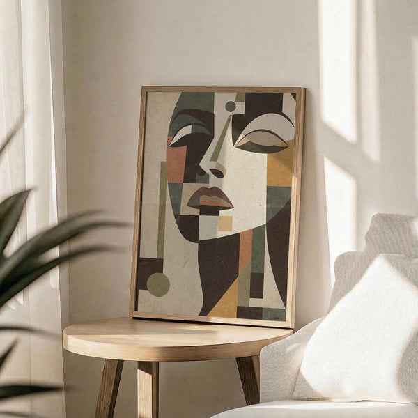 May include: Geometric abstract portrait of a woman in earth tones - sage green, terracotta orange, cream, and brown. The cubist-style artwork features angular shapes forming facial features and is displayed in a light wood frame on a round wooden side table. Natural sunlight streams across a neutral living room with white curtains, beige armchair, and a plant's shadow visible in the corner.