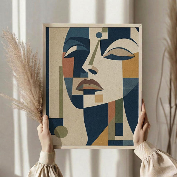 May include: Person holding framed art print featuring stylized woman's face in geometric Art Deco style with navy blue, terracotta orange, olive green, and cream color blocks. Angular facial features with closed eyes, defined lips, contemporary abstract portrait in light wood frame. Dried pampas grass bundle visible, neutral beige curtains in background, person wearing cream ribbed sweater with gathered sleeves.