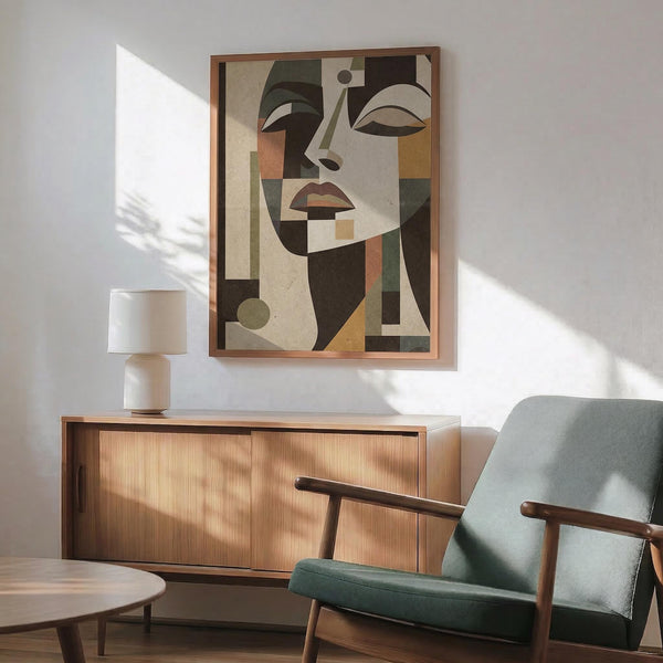 May include: Art deco style portrait poster featuring geometric woman's face in earth tones - browns, greens, and oranges - displayed in thin wooden frame above mid-century modern credenza. Scene shows teal upholstered armchair with wood arms, white ceramic table lamp, round coffee table, and natural sunlight casting shadows on white wall.