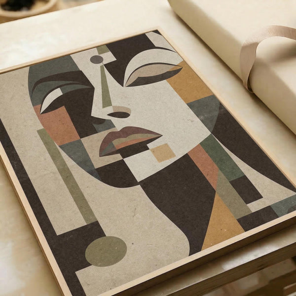 Abstract geometric portrait of a woman rendered in muted earth tones including sage green, terracotta, cream, and charcoal gray. The stylized face features angular shapes and Art Deco-inspired design elements with geometric hair and facial features. The artwork is printed on textured cream paper and displayed in an open book or portfolio against a neutral beige surface with soft natural lighting.