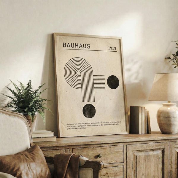 May include: Framed beige poster with "BAUHAUS 1919" text and geometric black line design featuring curved and straight elements with two black circles, displayed on rustic wooden sideboard alongside potted fern, ceramic vases, and books in warm neutral living room setting with leather furniture