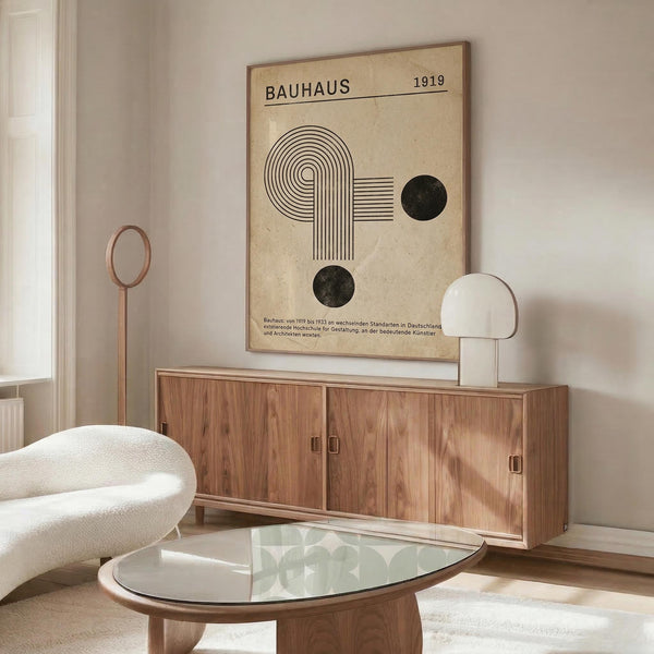 May include: Vintage-style Bauhaus poster with geometric design featuring curved lines and black circles on cream background, displayed above wooden sideboard in minimalist room with white chair, glass coffee table, and neutral decor