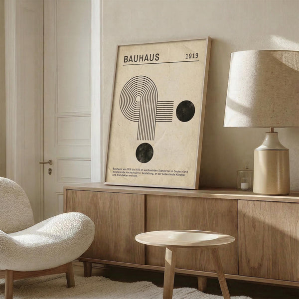 May include: Framed Bauhaus poster with geometric design featuring curved lines forming the number 9, horizontal lines, and two black circles on cream background, displayed on wooden sideboard next to table lamp and modern white chair in neutral-toned room with white door