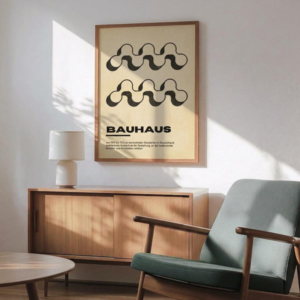May include: Framed Bauhaus poster with wavy black lines and German text displayed above a wooden sideboard with white ceramic lamp. Green mid-century modern armchair with wooden frame sits beside round coffee table. Warm sunlight creates shadows on white wall in minimalist living room setting.
