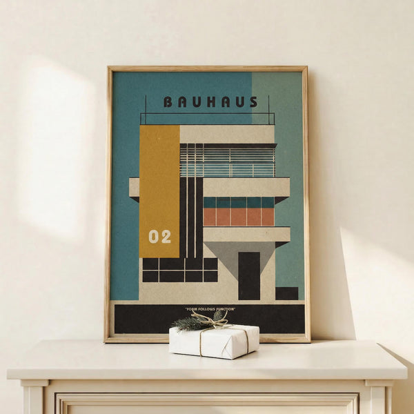 May include: Framed Bauhaus-style architectural poster showing geometric building design in teal, mustard yellow, coral, and cream colors with "02" marking, displayed on light wood surface next to small wrapped gift with twine and greenery sprig against white wall