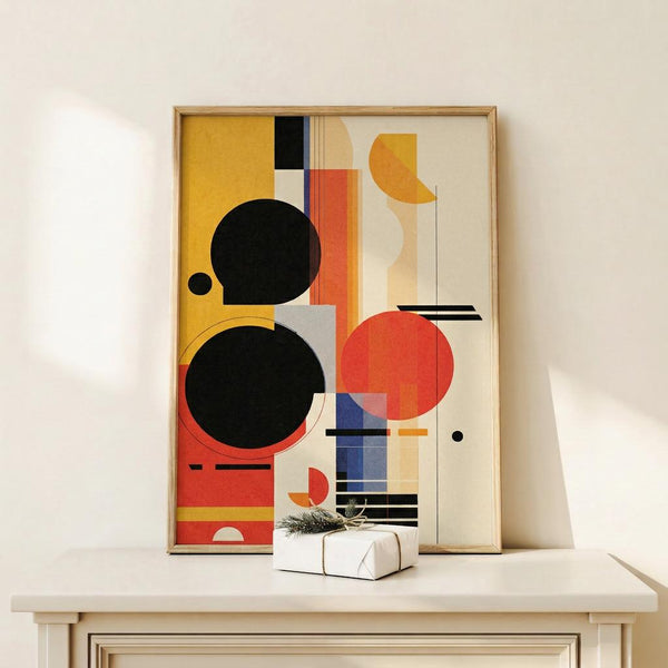 May include: Modern abstract geometric poster in light wood frame displayed on white dresser against cream wall. Features bold circles in black, red, and orange, with rectangular shapes in yellow, blue, and beige arranged in Bauhaus style composition. Small wrapped gift with pine sprig sits beside frame. Natural lighting creates soft shadows on minimalist room setting.