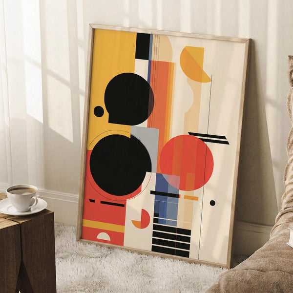 May include: Abstract geometric art print in light wood frame leaning against white wall corner. Features bold black circles, orange and red shapes, blue rectangles, and yellow accents in Bauhaus style. Frame sits on white fluffy rug next to wooden side table with white coffee cup. Beige throw blanket visible at right edge.