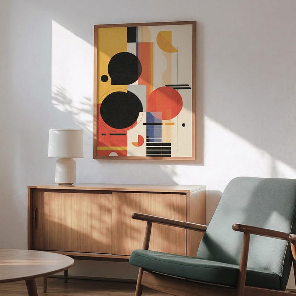May include: Abstract geometric art print in wooden frame hanging above mid-century modern credenza. Artwork features large black circles, orange and red shapes, blue rectangles, and yellow elements in Bauhaus style. Room has white walls with dramatic sunlight shadows, teal upholstered chair with wooden arms, white ceramic table lamp, and partial view of round coffee table.