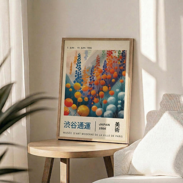 May include: Framed exhibition poster featuring colorful abstract floral design with orange, blue, and teal circular blooms and vertical stems, displayed on light wood round side table next to beige upholstered chair. Natural sunlight streams across white walls creating geometric shadows. Green plant leaves visible in corner. Poster shows Japanese text and museum information at bottom in clean typography.