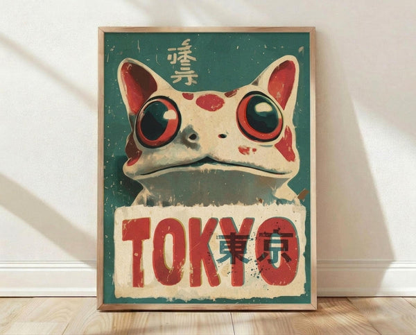 May include: Framed vintage-style poster featuring a stylized frog with large red-rimmed eyes and pointed ears against a teal green background. Bold red "TOKYO" text overlays Japanese characters. The distressed, weathered design has cream and red color accents. Wooden frame sits on light wood flooring against white wall with natural lighting.