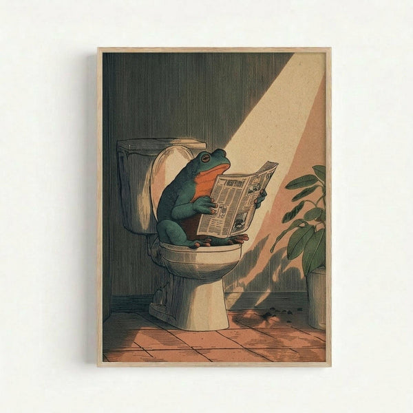 Vintage-style illustration of a green frog with orange throat sitting on a white toilet, reading a newspaper. The scene is set in a bathroom with dark green wood-paneled walls, terra cotta tile flooring, and a potted plant visible on the right. Warm sunlight streams through creating dramatic lighting. The artwork has an antique engraving aesthetic with muted earth tones and is displayed in a light wood frame against a white wall.