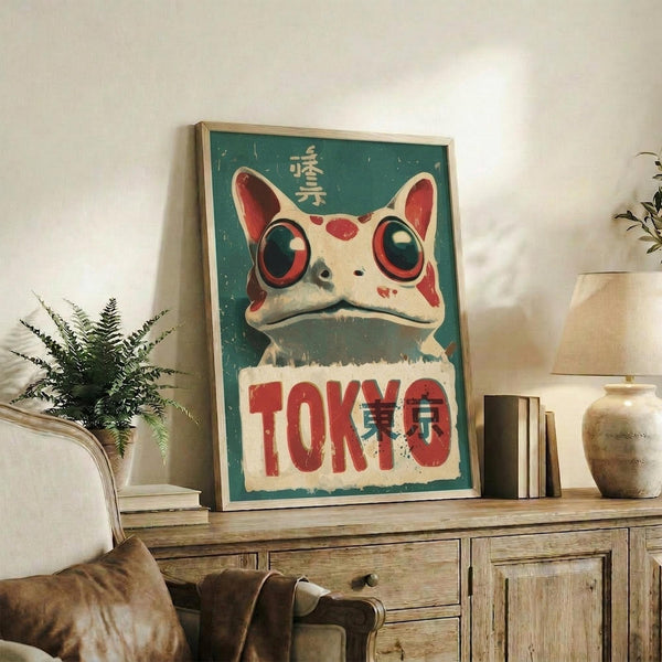 May include: Vintage-style poster featuring a white frog character with large green eyes and red markings, displaying "TOKYO" in bold red letters with Japanese characters above. The teal and cream colored artwork is displayed in a light wood frame, leaning against a white wall on a rustic wooden sideboard alongside potted plants, books, and ceramic vessels in a cozy living room setting with a beige armchair visible.