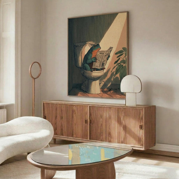 May include: Whimsical poster artwork showing a green frog sitting on a toilet reading a newspaper, surrounded by plants in warm lighting. The illustration is framed in natural wood and displayed above a mid-century modern walnut credenza with sliding doors. Room features a curved white upholstered chair, oval glass coffee table, white table lamp, and brass floor mirror in a minimalist living space with cream walls and natural sunlight.