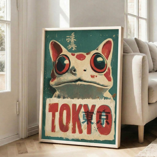 May include: A framed vintage-style poster featuring a whimsical frog character with large round eyes and red spots, displayed in a bright living room setting. The artwork has a distressed teal and cream color scheme with "TOKYO" text and Japanese characters. The wooden-framed print leans against a white wall near large windows, positioned next to a beige sectional sofa on light hardwood floors.