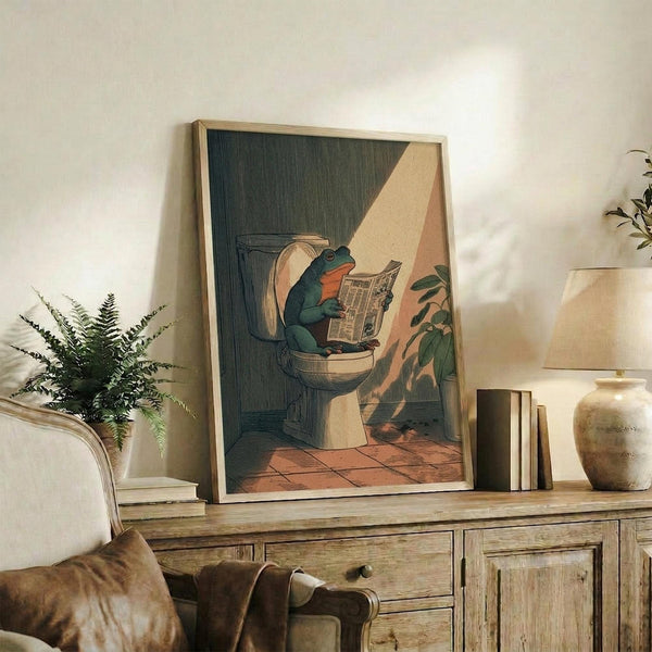 May include: Framed poster showing a green frog sitting on a toilet while reading a newspaper, illustrated in vintage style with warm earth tones. The artwork is displayed on a rustic wooden console alongside books, a ceramic vase, and a fern plant, with a leather chair visible in the foreground.