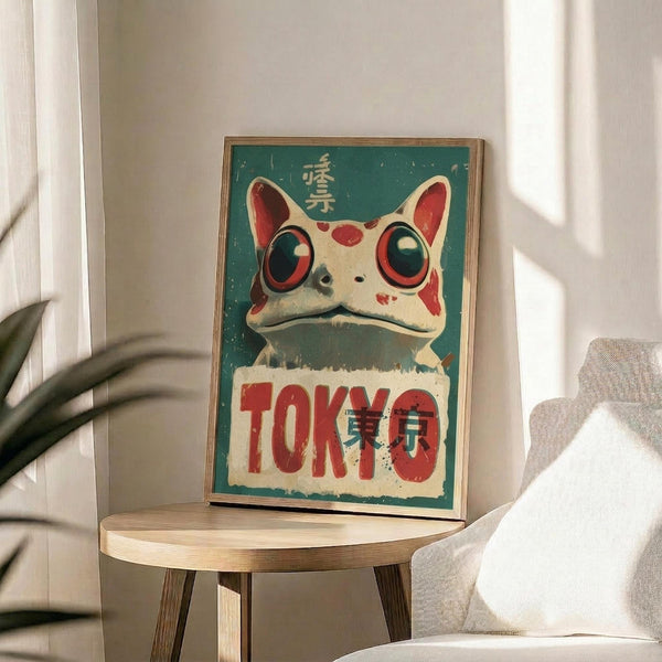 May include: Framed vintage-style poster with teal background featuring a white cartoon frog with large red-rimmed eyes and red spots, displaying "TOKYO" in bold red letters with Japanese characters above. Poster sits on round wooden side table next to beige upholstered chair with white pillow, green plant leaves visible on left, natural lighting creating soft shadows on white wall.