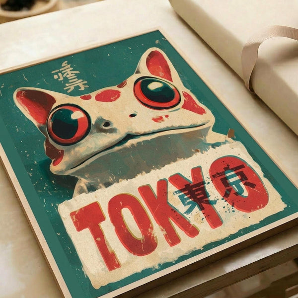 May include: Vintage-style poster print featuring a stylized white frog with large red and teal goggles against a turquoise background, with "TOKYO" in bold red letters below. The artwork has a distressed, retro aesthetic with Japanese characters in the corner. Print shown on white paper in natural lighting with soft shadows.