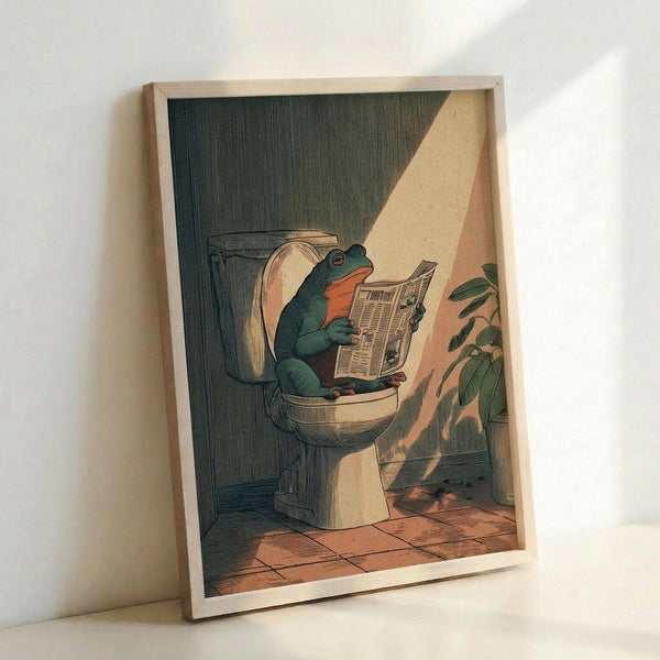 May include: Framed poster print leaning against white wall showing a green frog with orange throat sitting on white toilet reading newspaper in bathroom setting. Artwork features vintage illustration style with muted green and peach tones, tiled floor, plant visible on right side. Light wood frame contains detailed drawing with crosshatched shading technique.