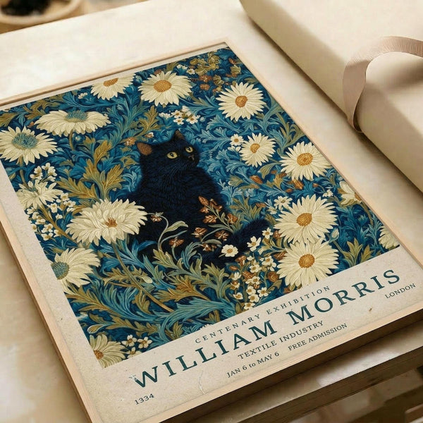 May include: Vintage-style poster print displayed on white bedding featuring a black cat surrounded by ornate blue floral pattern with cream daisies and golden foliage in William Morris textile design style. Text reads "Centenary Exhibition" and "Textile Industry" with London location and exhibition dates. Cream ribbon visible alongside the print.