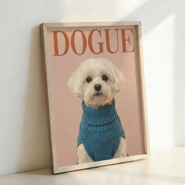 May include: Framed poster print leaning against white wall showing small white fluffy dog wearing teal blue turtleneck sweater on soft pink background with orange "DOGUE" text at top, displayed in light wood frame on white surface