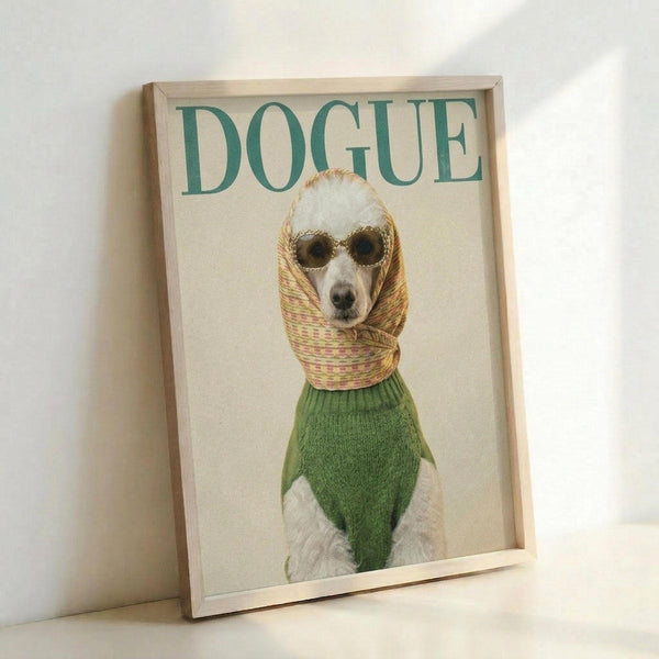 May include: Framed poster print leaning against white wall showing white poodle wearing green knit sweater, patterned yellow scarf wrapped around head, and dark sunglasses against cream background with "DOGUE" text in teal letters at top, displayed in light wood frame